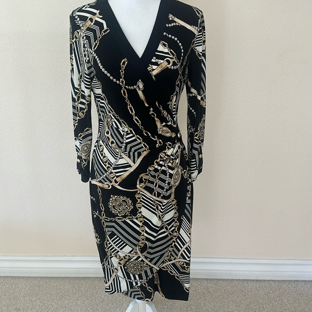 Black & Gold Chain Print Wrap Dress